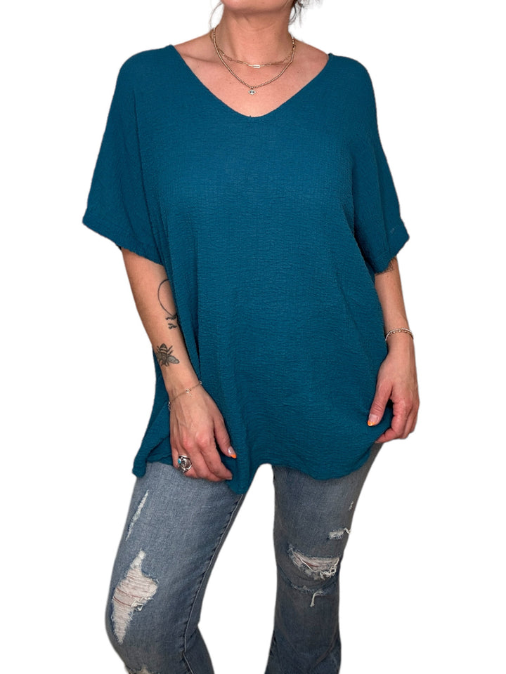 COTTON GAUZE V-NECK TEE-PETROLEUM - Kingfisher Road - Online Boutique