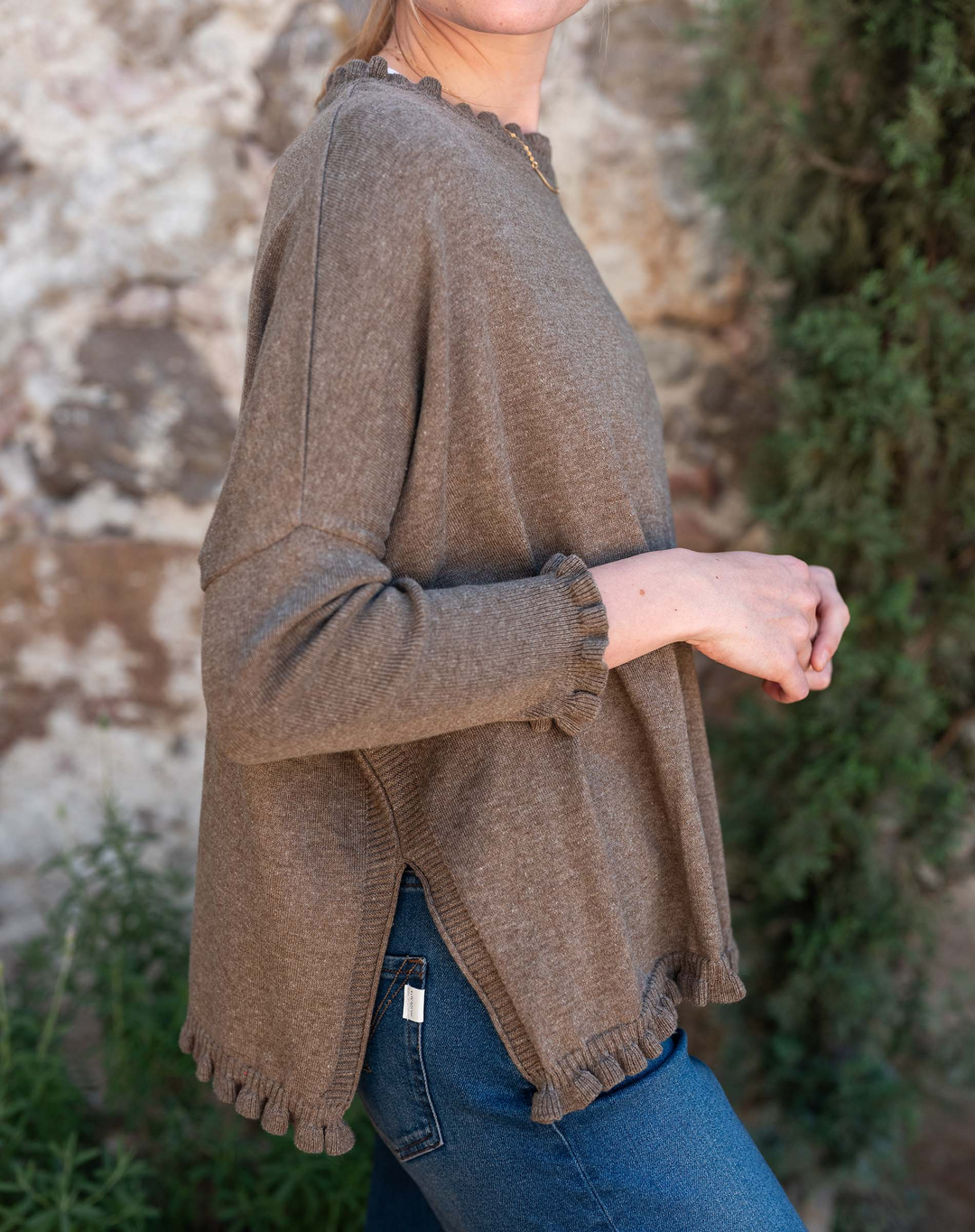 CATALINA COTTON RUFFLEY SWEATER-TAUPE - Kingfisher Road - Online Boutique