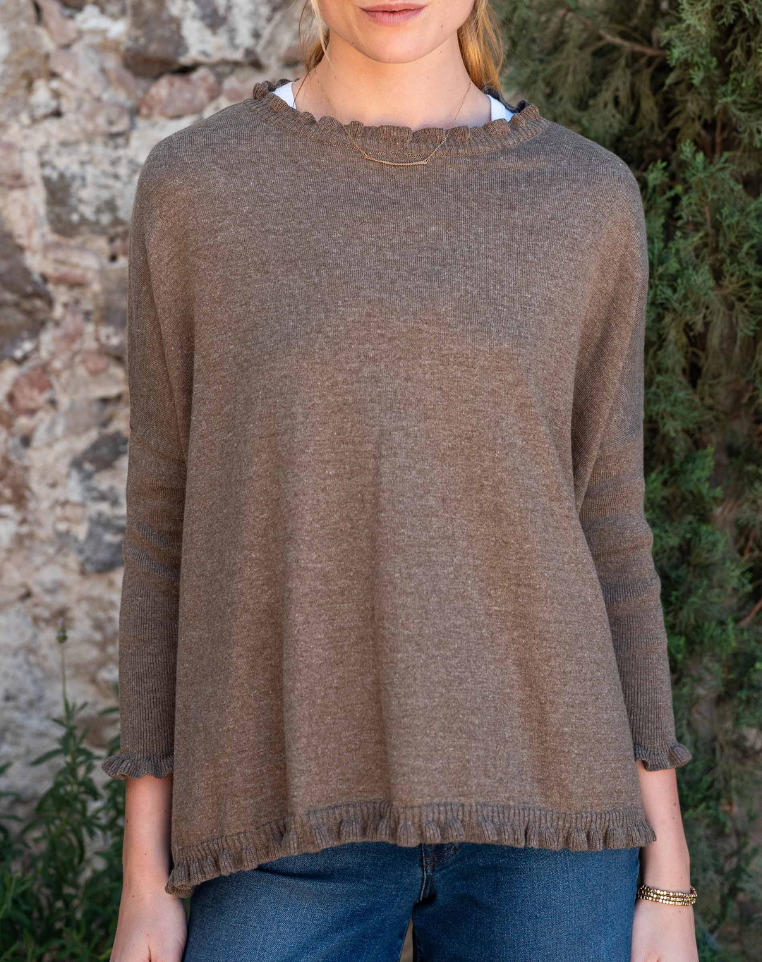 CATALINA COTTON RUFFLEY SWEATER-TAUPE - Kingfisher Road - Online Boutique