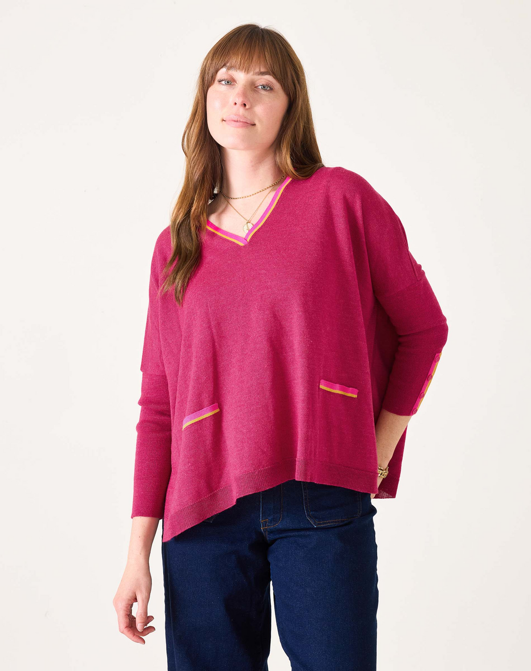 CATALINA V-NECK SWEATER-DRAGON FRUIT RINGER - Kingfisher Road - Online Boutique