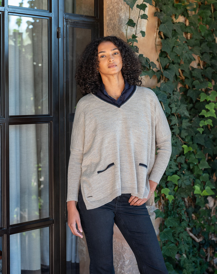 CATALINA V-NECK SWEATER-DRIFTWOOD RINGER - Kingfisher Road - Online Boutique