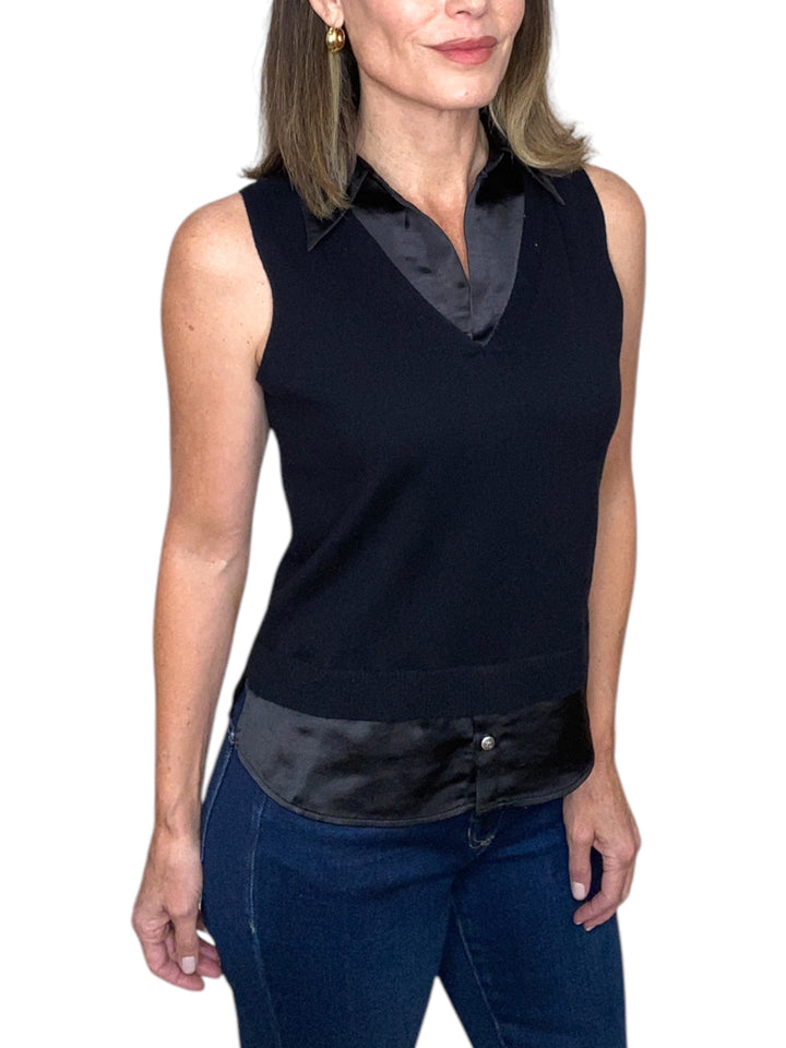 SWEATER VEST W/ SATIN SHIRTING-BLACK