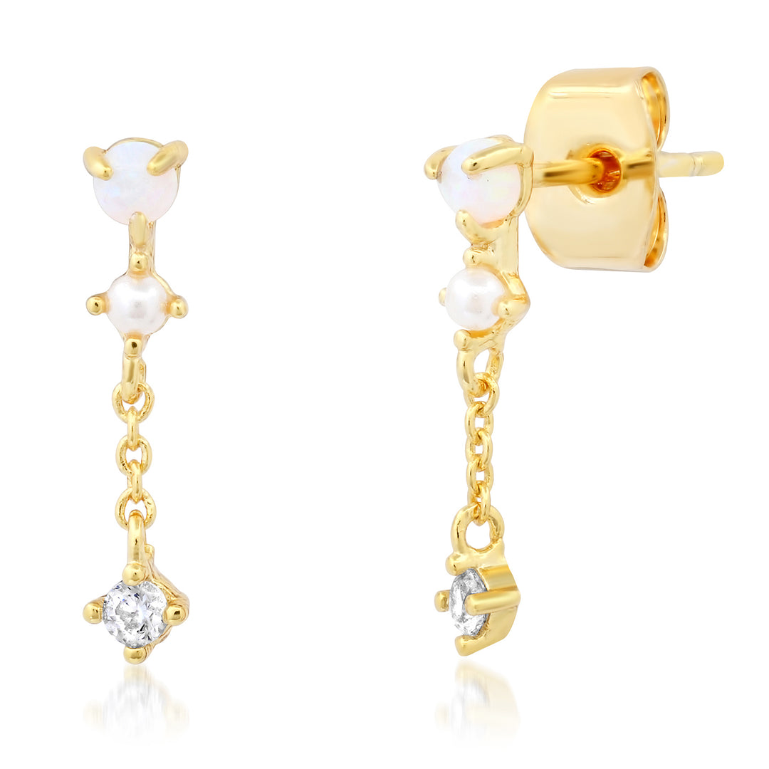 OPAL STUDS WITH CZ CHAIN DANGLE-GOLD