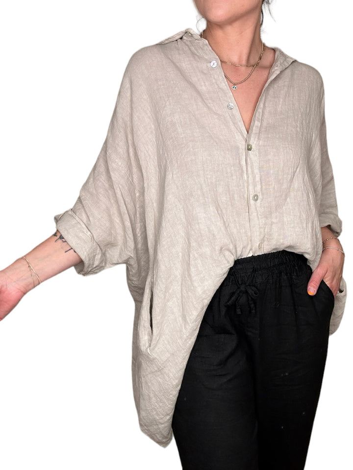 LINEN BUTTON FRONT TUNIC-BEIGE - Kingfisher Road - Online Boutique