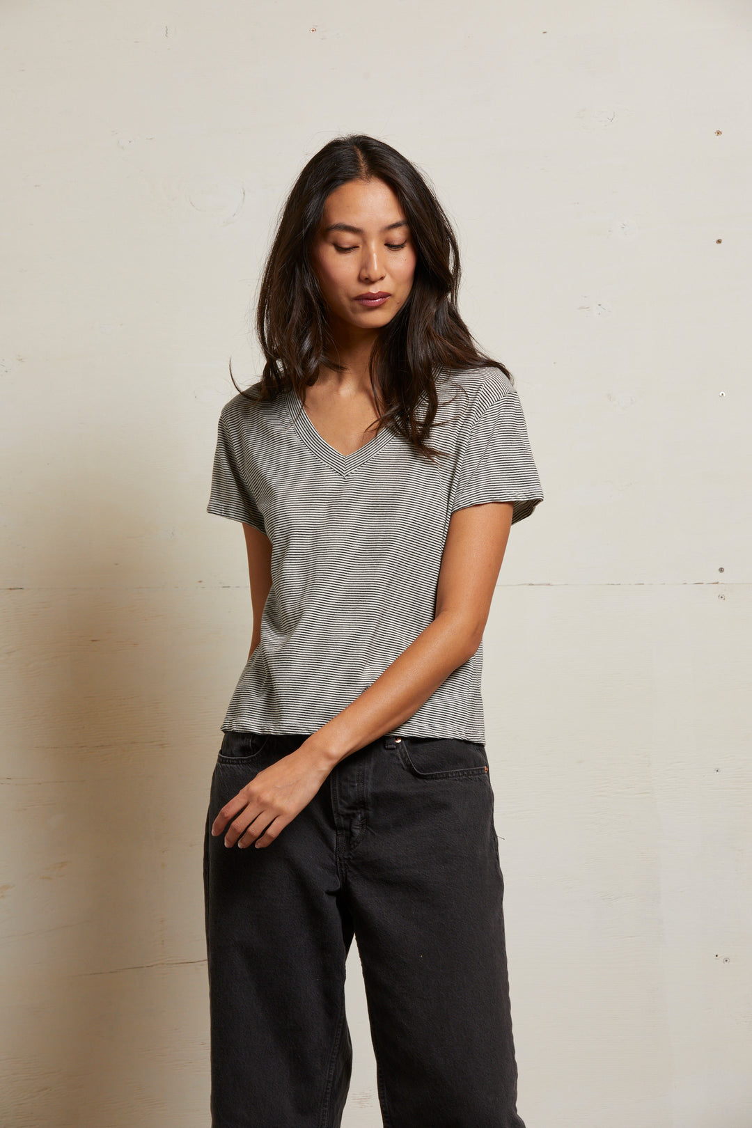 HENDRIX STRIPE V-NECK TEE-IVORY BLACK STRIPE - Kingfisher Road - Online Boutique