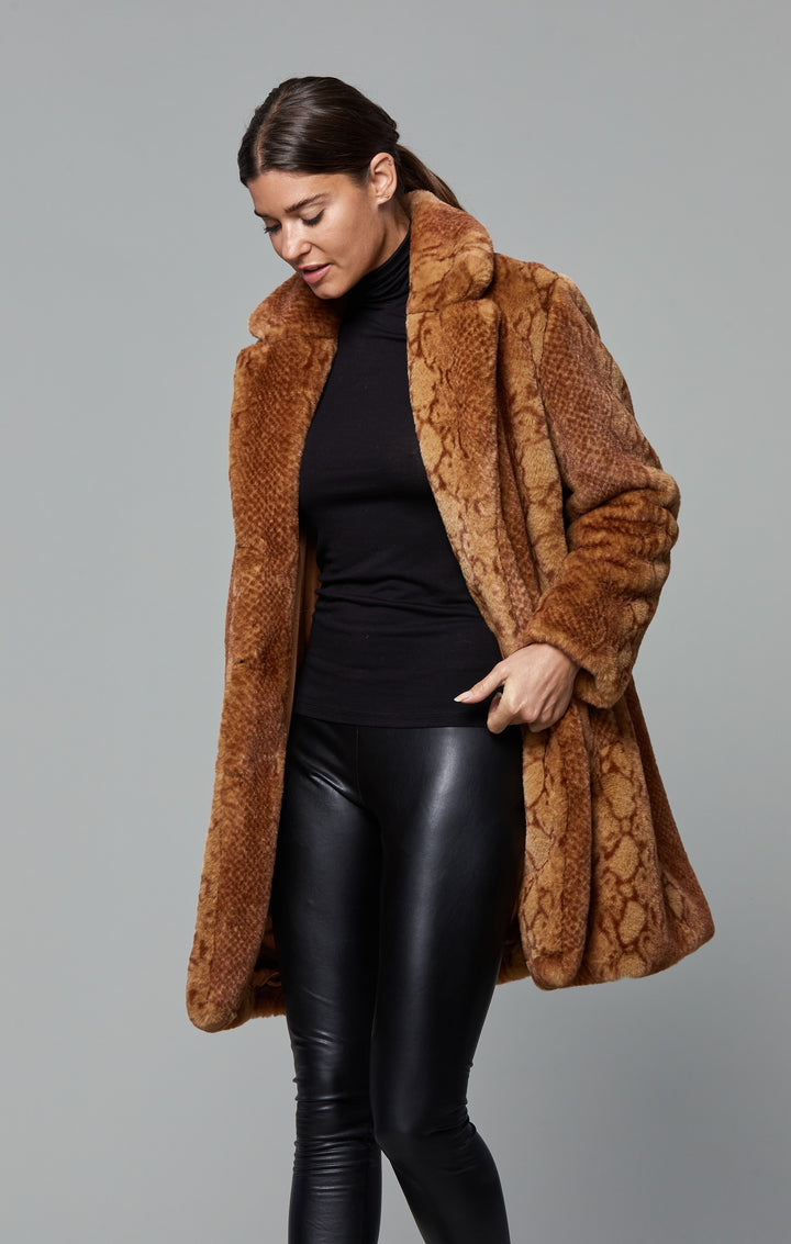 PLUSH SNAKE PRINT FAUX FUR COAT - RUST SNAKE - Kingfisher Road - Online Boutique