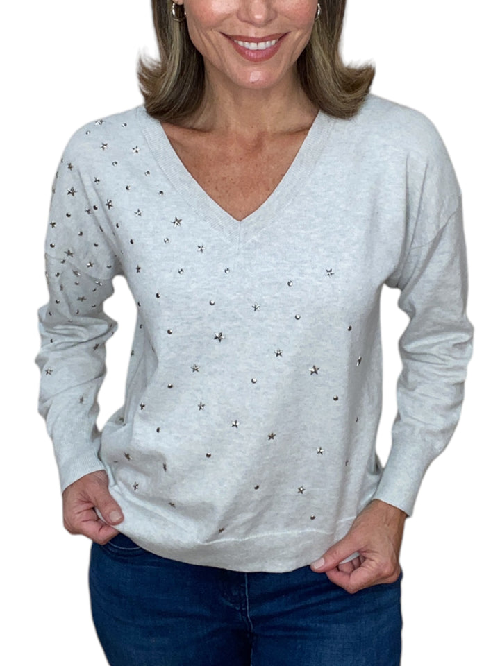 STAR STUDDED V-NECK SWEATER-SILVER