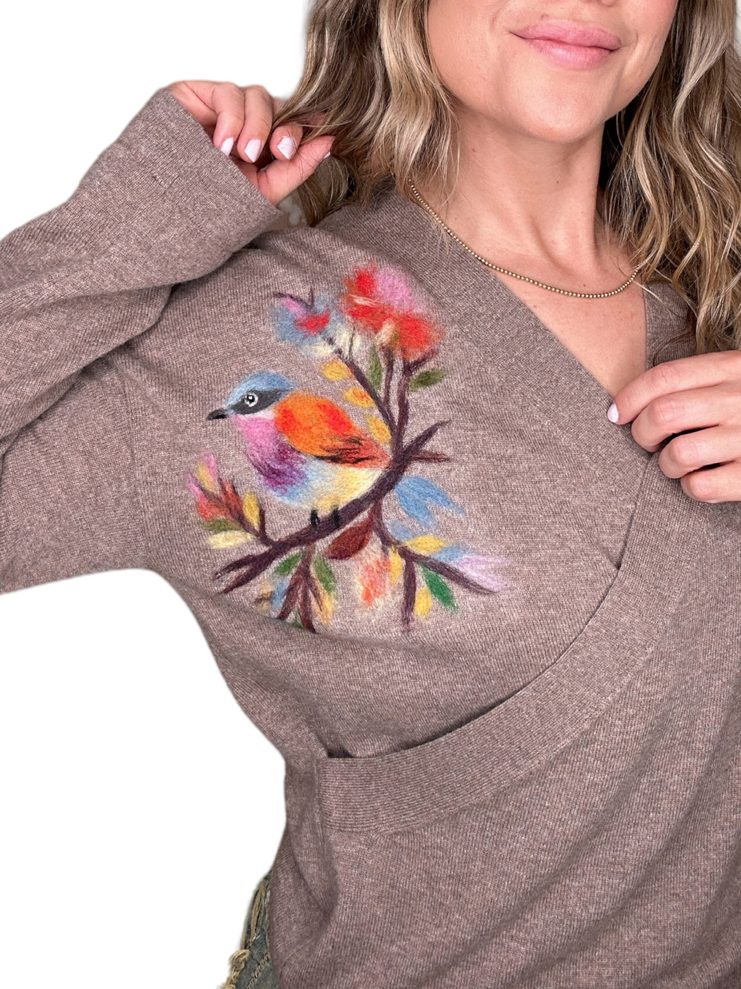 CASHMERE CRISS-CROSS BIRD ON BRANCH SWEATER-HONEY BEIGE - Kingfisher Road - Online Boutique