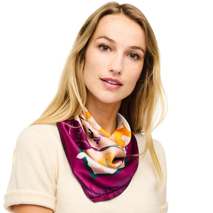 FLOWER SILKY SQUARE NECK SCARF-WINE