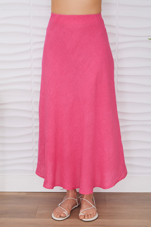 CRINKLE LINEN MIDI SKIRT-FUCHSIA - Kingfisher Road - Online Boutique