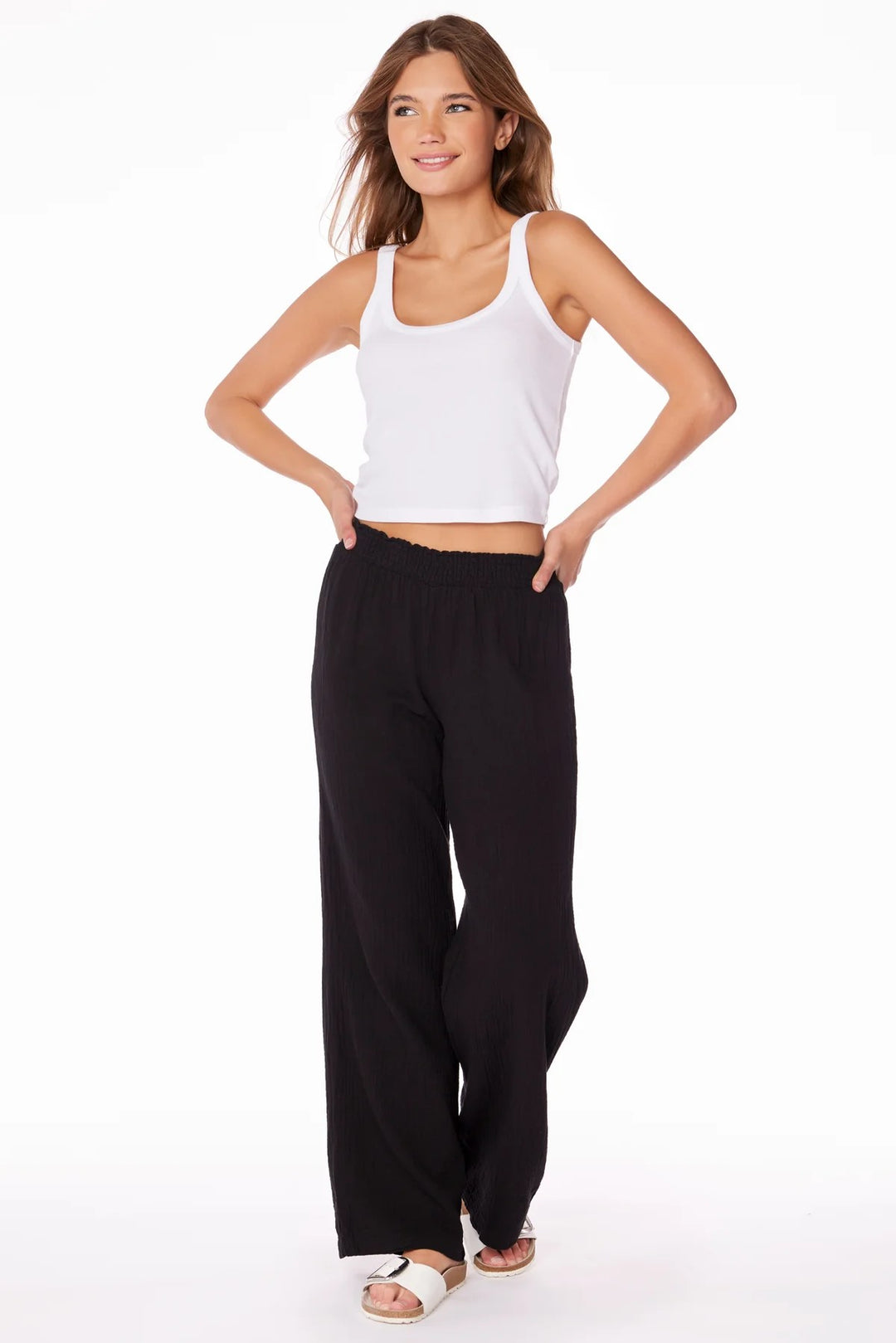 WIDE LEG SMOCKED WAIST PANT-BLACK - Kingfisher Road - Online Boutique