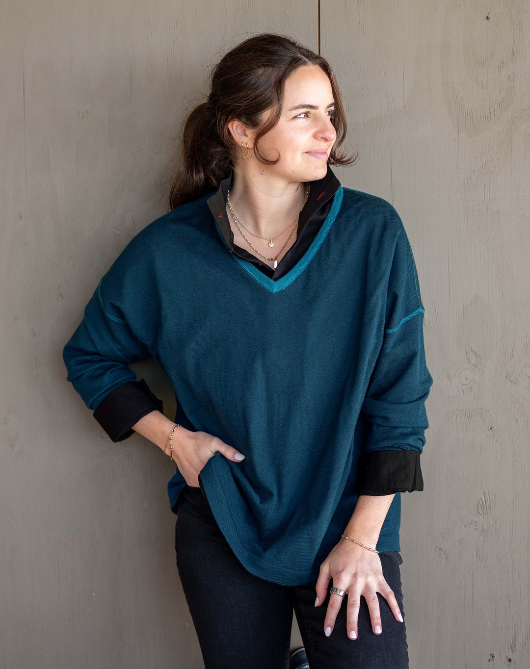 DEL MAR V-NECK SWEATER-DEEP TEAL - Kingfisher Road - Online Boutique