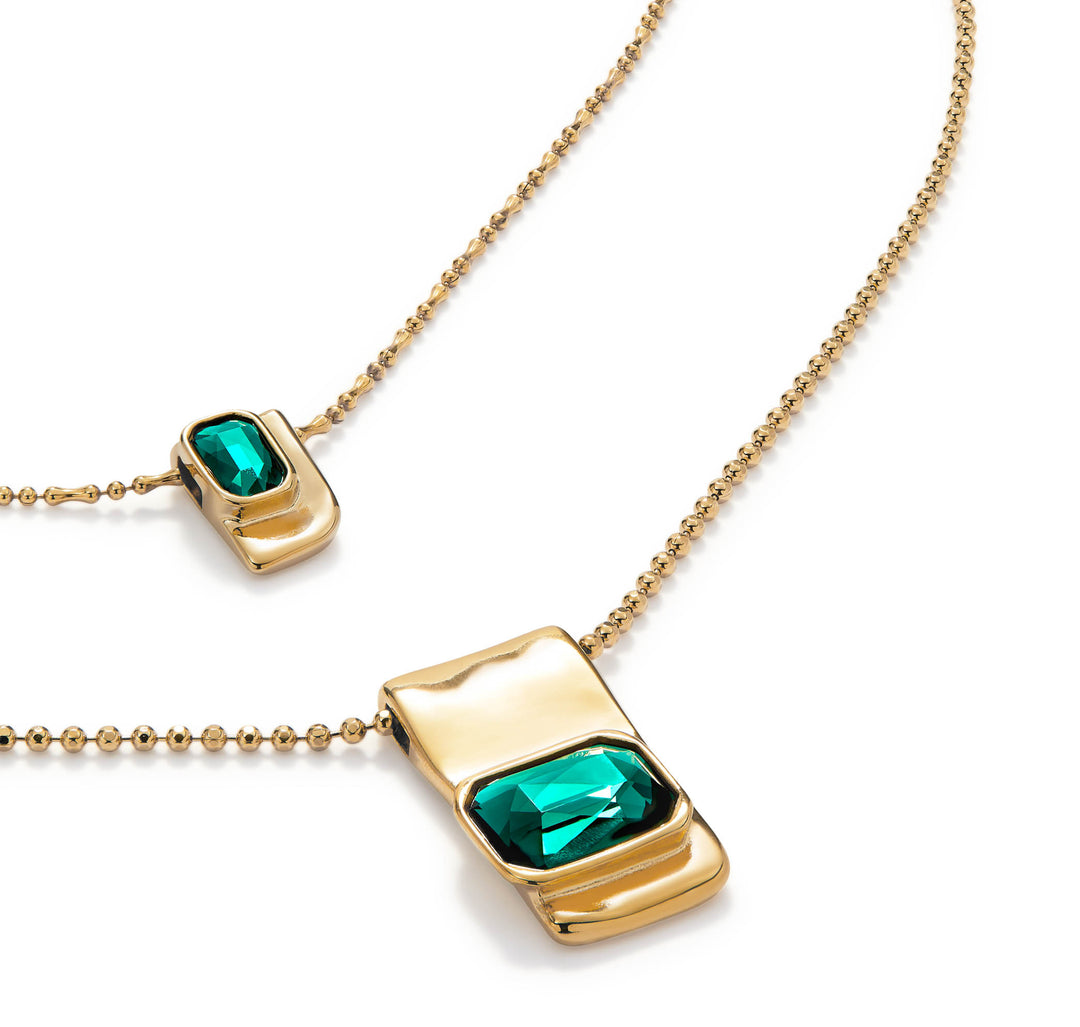 DOUBLE CHAIN WITH GREEN CRYSTALS-GOLD