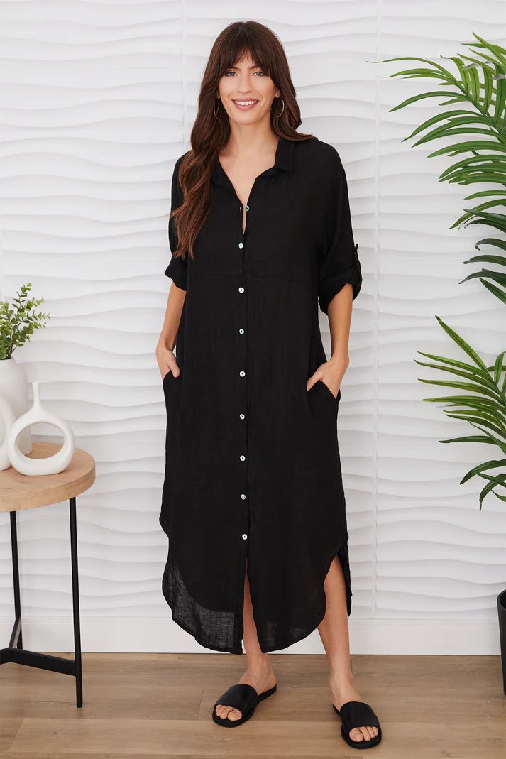 SOLID MIDI-LENGTH BUTTON DOWN LINEN DRESS-BLACK - Kingfisher Road - Online Boutique