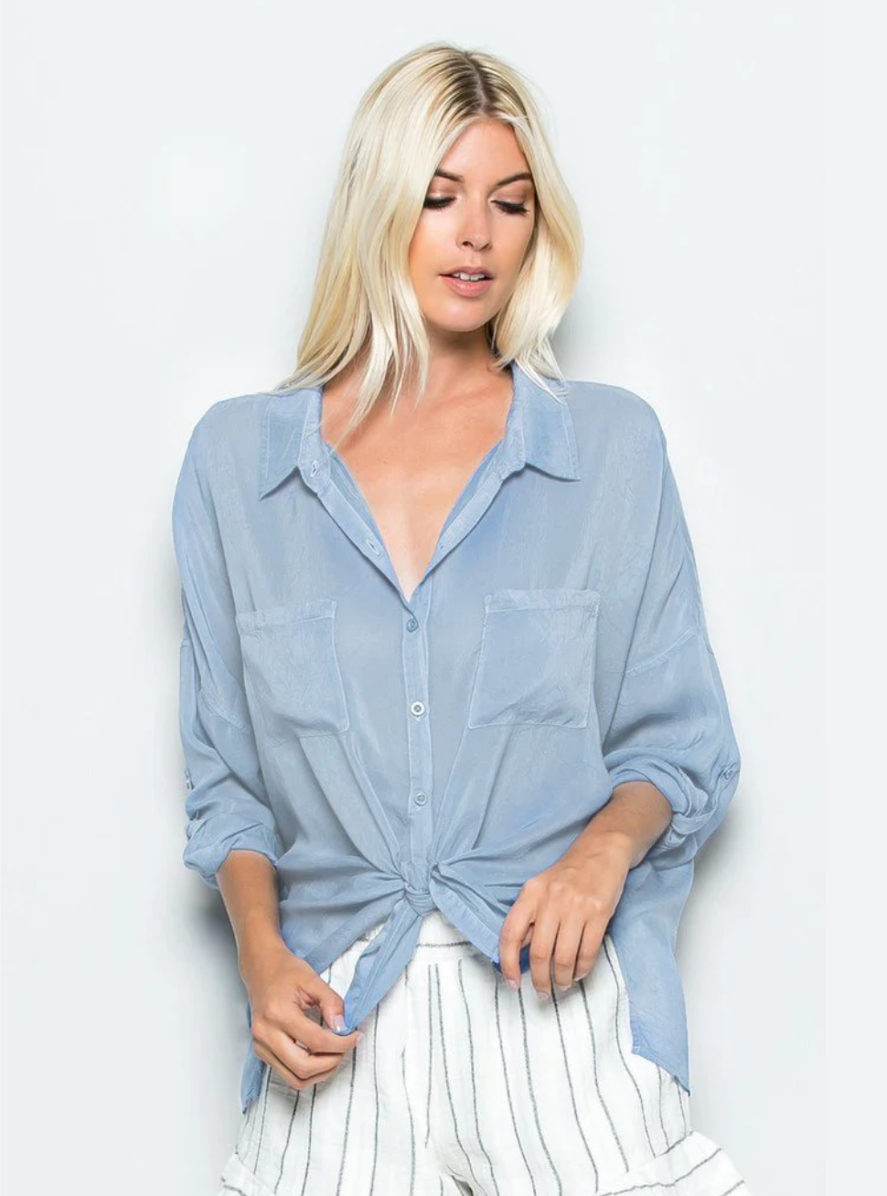 ELBOW SLEEVE BUTTON DOWN - LIGHT BLUE - Kingfisher Road - Online Boutique