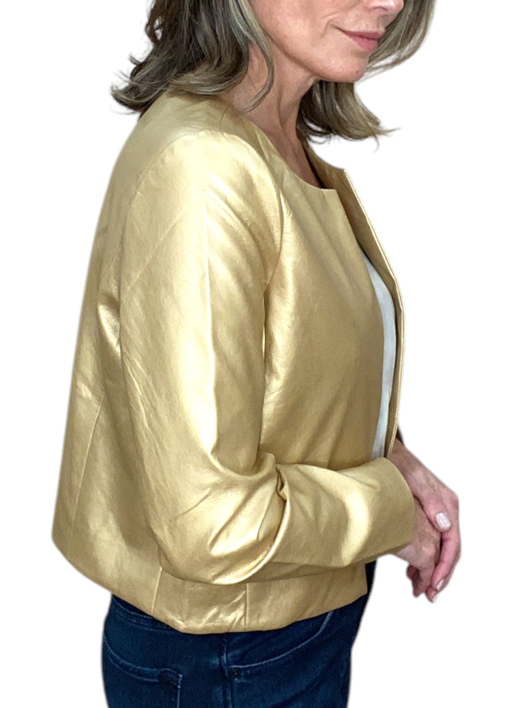 METALLIC COLLARLESS JACKET-GOLD