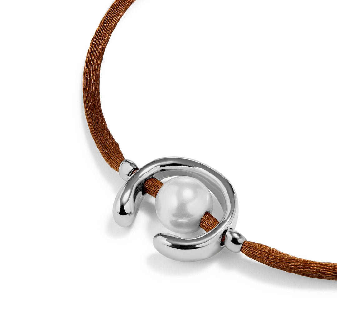 SILVER ADJUSTABLE PEARL BROWN CORD BRACELET - Kingfisher Road - Online Boutique