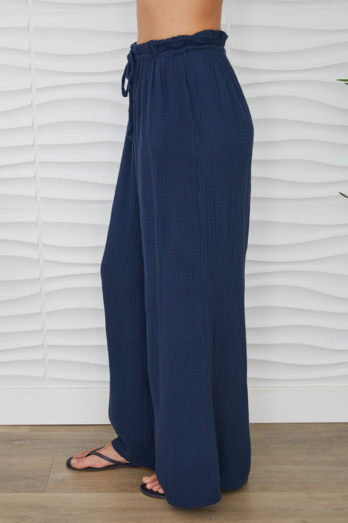 COTTON GAUZE DRAWSTRING PANTS-NAVY BLUE - Kingfisher Road - Online Boutique