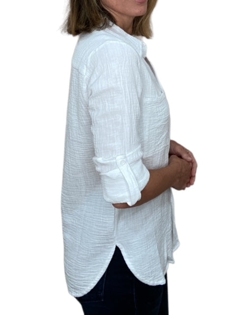 ROLL SLEEVE BUTTON FRONT COLLAR SHIRT-WHITE - Kingfisher Road - Online Boutique