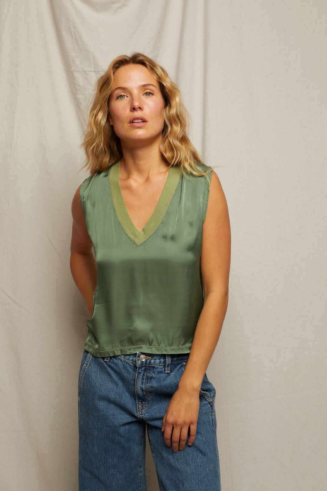 CELINA SATIN VNECK TANK-ALOE - Kingfisher Road - Online Boutique