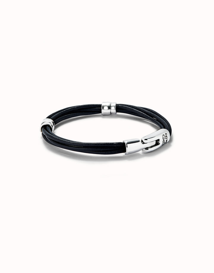 CORDED LEATHER BLACK BRACELET WITH RONDELLES-SILVER