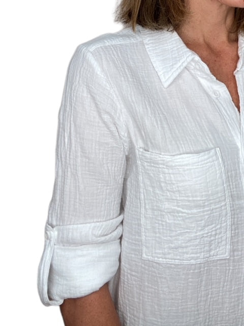 ROLL SLEEVE BUTTON FRONT COLLAR SHIRT-WHITE - Kingfisher Road - Online Boutique