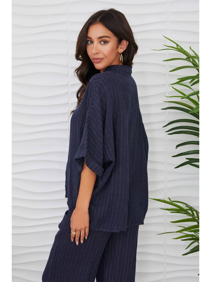 LINEN PINSTRIPE HIGH LOW TOP WITH COLLAR-NAVY - Kingfisher Road - Online Boutique