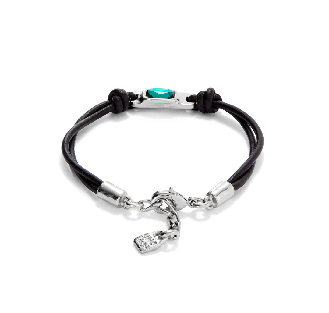 LEATHER BRACELET WITH GREEN CRYSTAL-SILVER