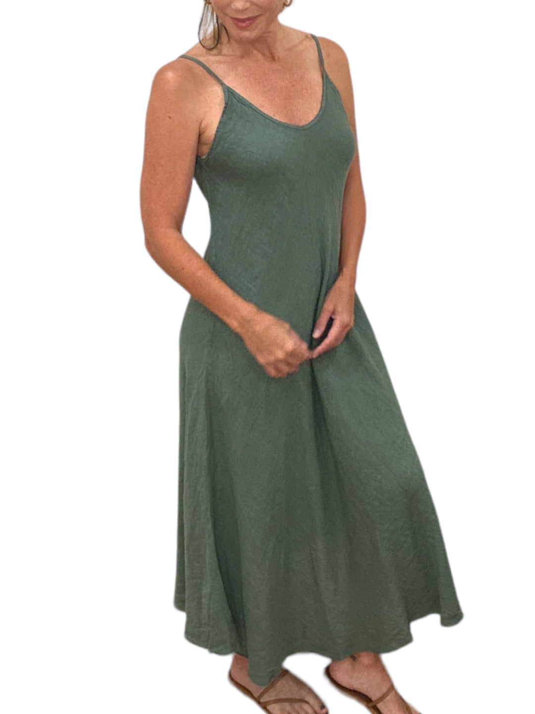 ITALIAN LINEN MAXI SLIP DRESS-ARMY GREEN - Kingfisher Road - Online Boutique