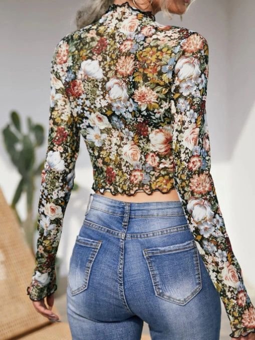 MESH MOCK NECK TOP-FLOWERY