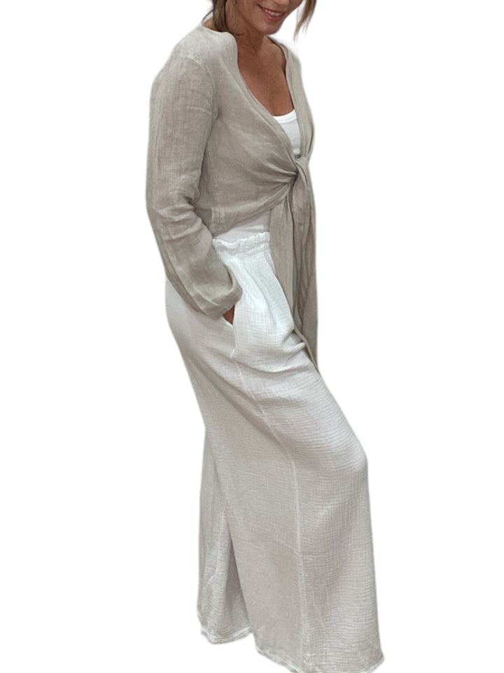 LINEN LONG SLEEVE TIE TOP-BEIGE - Kingfisher Road - Online Boutique