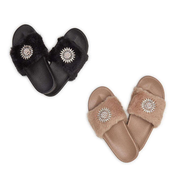 CRYSTAL ADORNED PLUSH VEGAN FUR SLIPPER SLIDE - Kingfisher Road - Online Boutique