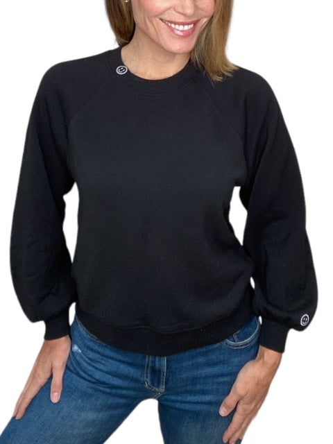 CREW NECK SWEATSHIRT W/ EMBROIDERED SMILEY FACE-BLACK - Kingfisher Road - Online Boutique