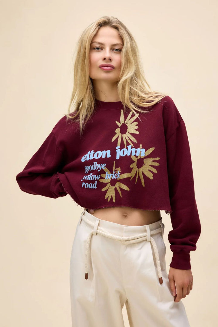 ELTON JOHN YELLOW BRICK ROAD CUT OFF SWEATSHIRT-DARK CHERRY