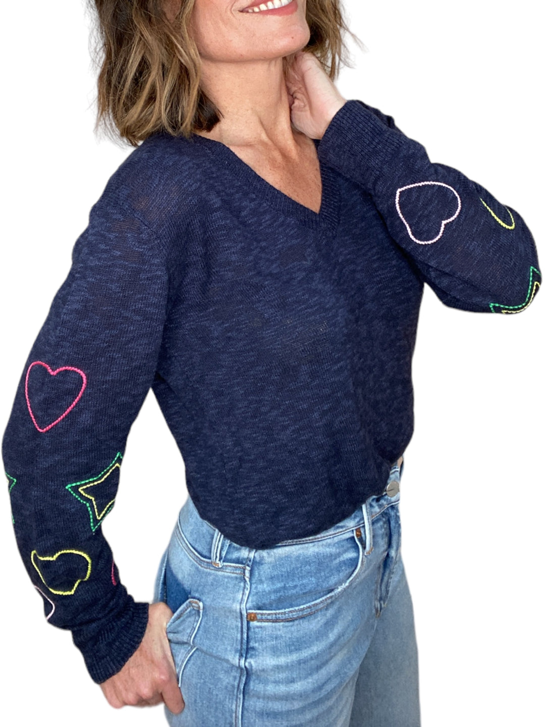 V-NECK STAR SWEATER-NAVY - Kingfisher Road - Online Boutique