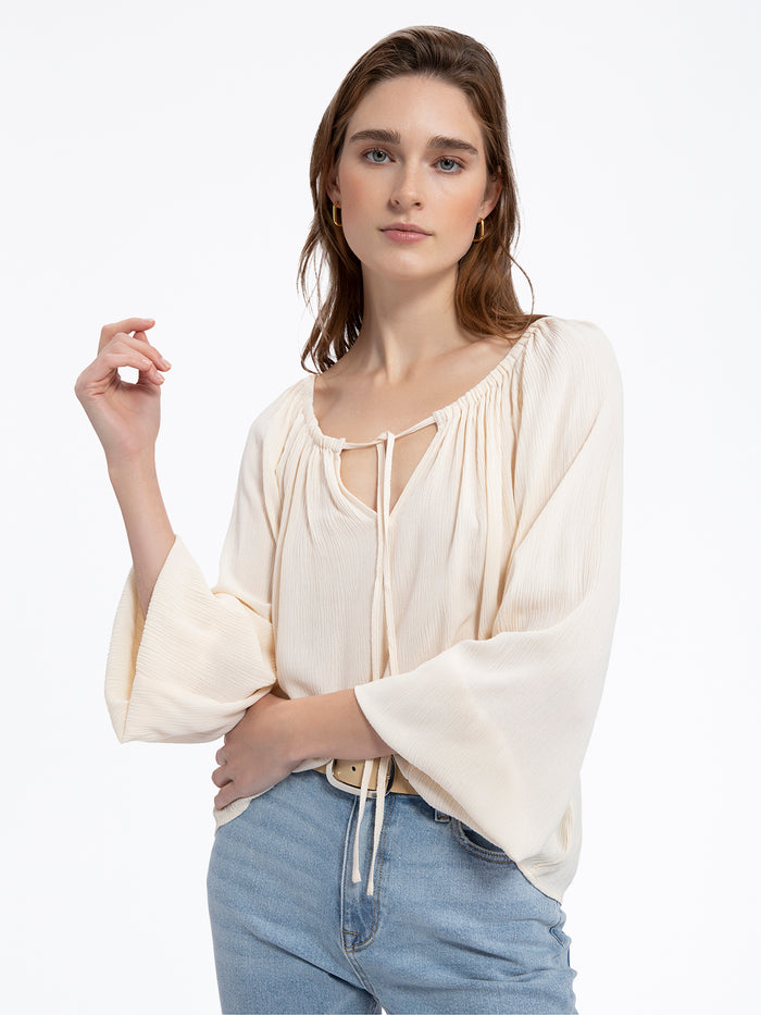 BUTTER CREAM TIE BALLET NECK BLOUSE - Kingfisher Road - Online Boutique