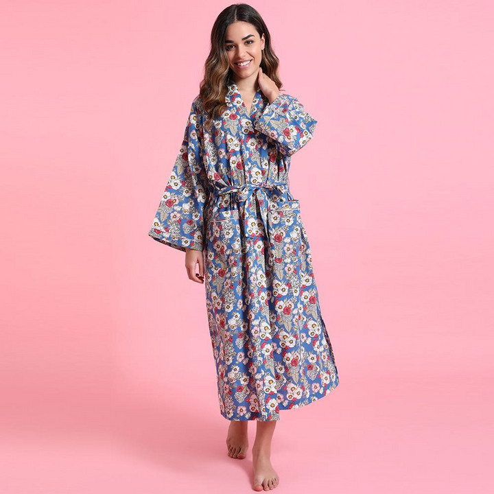 BLUE FLORAL CALF LENGTH TONI ROBE - Kingfisher Road - Online Boutique