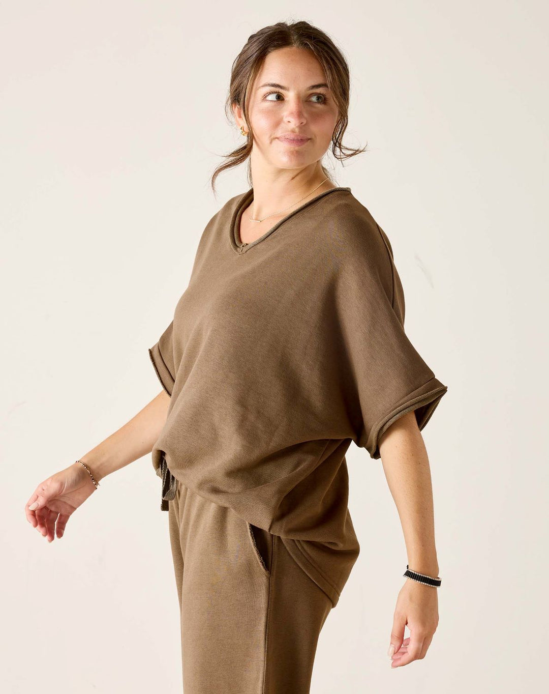 FRENCHIE RAW EDGE V-NECK-MOCHA - Kingfisher Road - Online Boutique