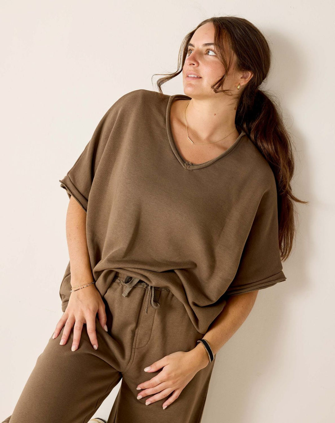 FRENCHIE RAW EDGE V-NECK-MOCHA - Kingfisher Road - Online Boutique