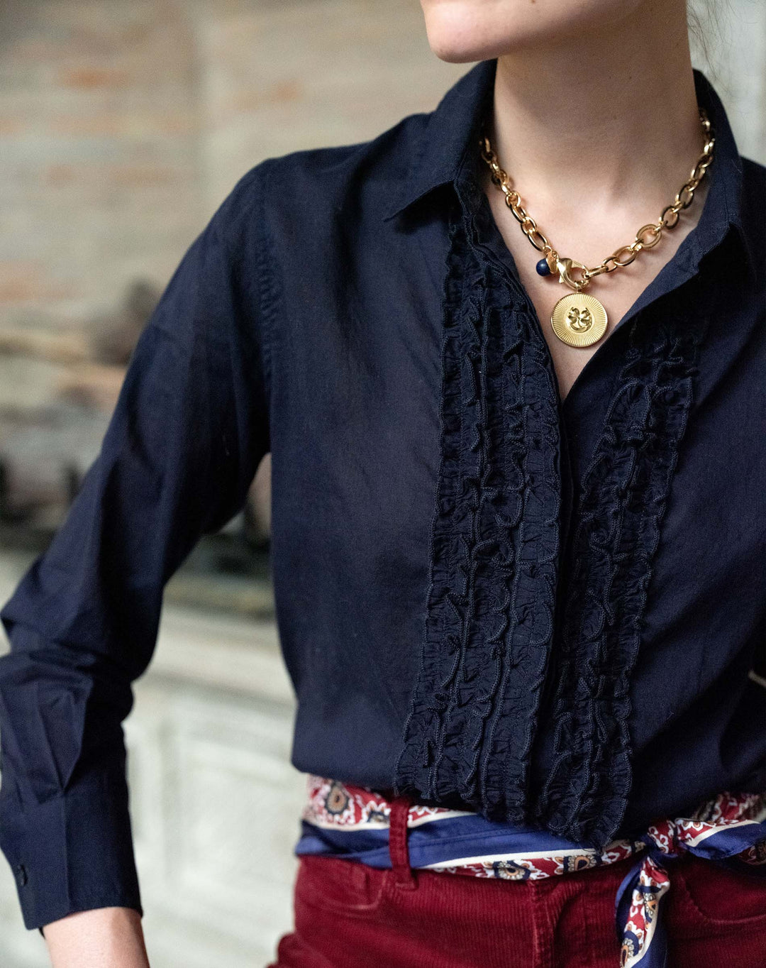 TUXEDO RUFFLE SHIRT-NAVY - Kingfisher Road - Online Boutique
