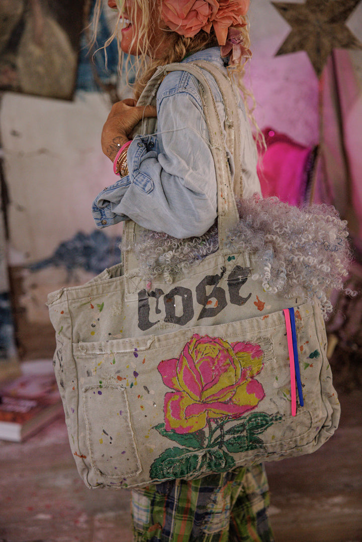 HAND PAINTED ROSE TOTE BAG-ASH - Kingfisher Road - Online Boutique