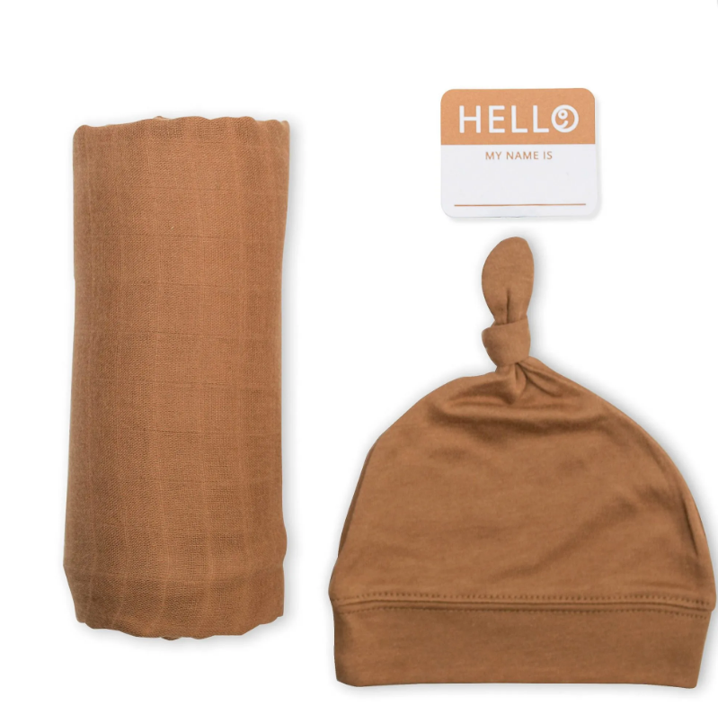 TAN HELLO WORLD HAT & SWADDLE SET - Kingfisher Road - Online Boutique