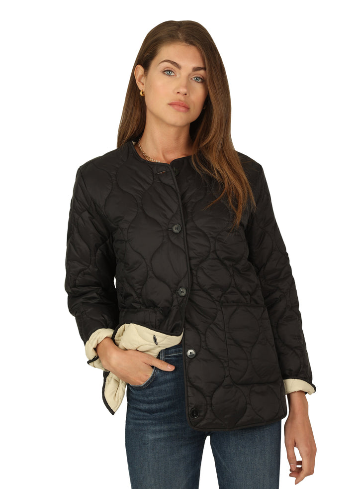 COLLARLESS QUILTED JACKET - BLACK/WHITE - Kingfisher Road - Online Boutique