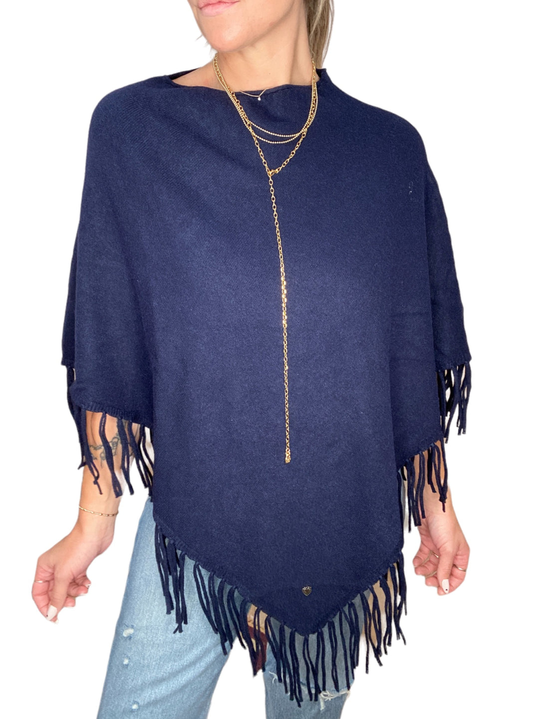 FRINGE PONCHO - NAVY - Kingfisher Road - Online Boutique