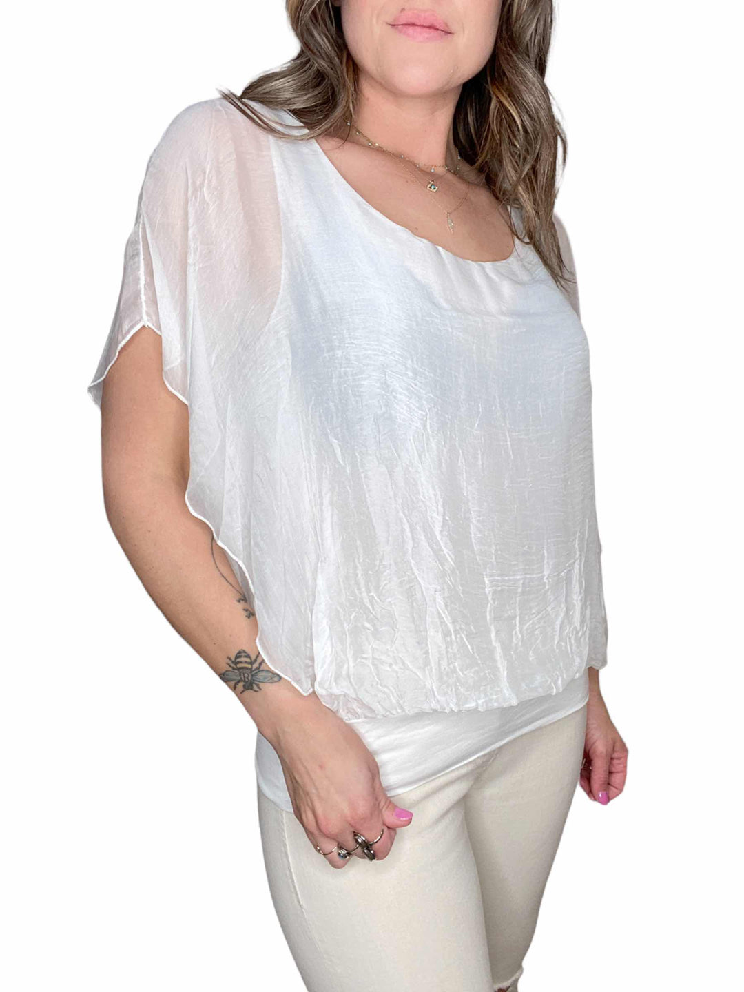 SILK BANDED SHORT SLEEVE TOP - WHITE - Kingfisher Road - Online Boutique