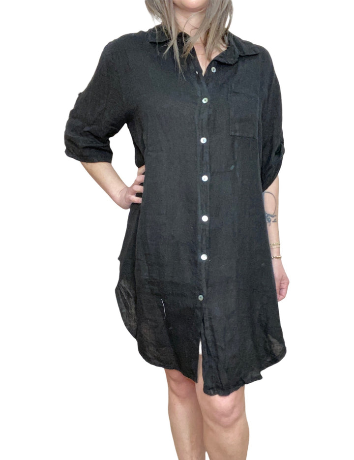 LINEN BUTTON DOWN SHIRT DRESS BLACK - Kingfisher Road - Online Boutique