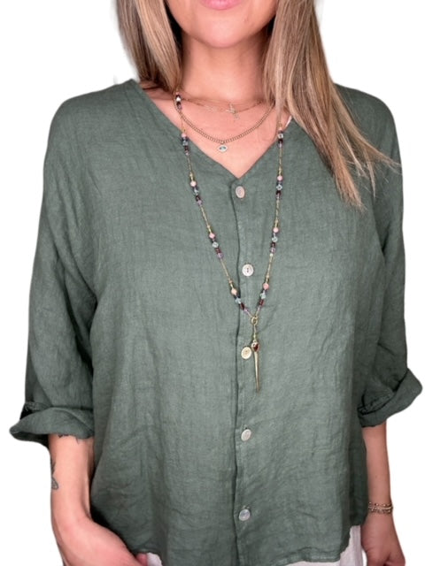 LINEN BUTTON DOWN V-NECK TOP-SAGE - Kingfisher Road - Online Boutique