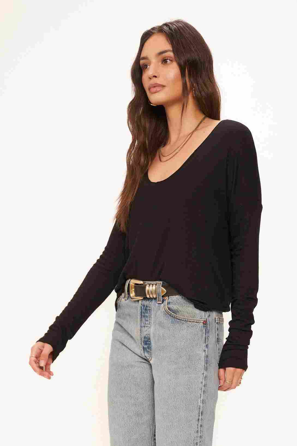 CHARLOTTE SCOOP NECK RIB LONGSLEEVE - BLACK - Kingfisher Road - Online Boutique