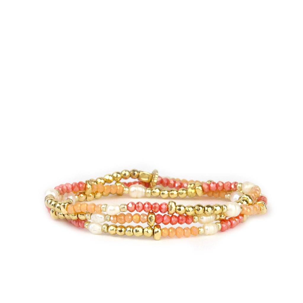 BEADED WRAP BRACELET-GOLD CORAL PEARL - Kingfisher Road - Online Boutique