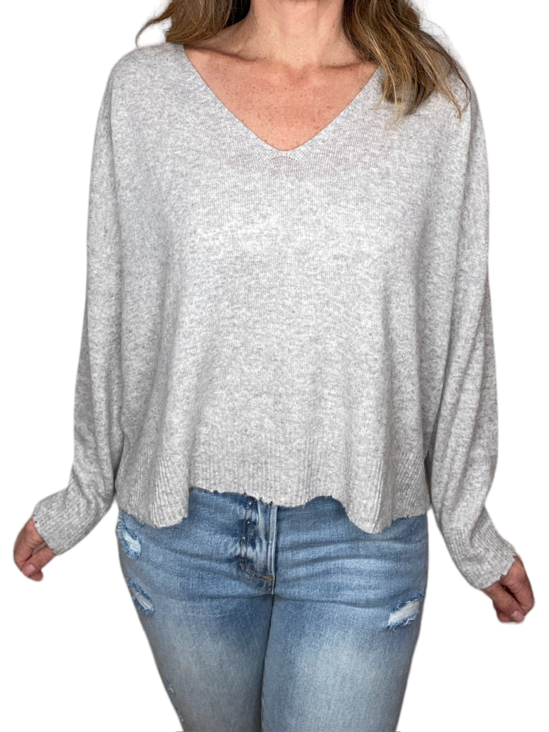 VIVI BOYFRIEND V NECK TOP - FLUFFY GREY - Kingfisher Road - Online Boutique